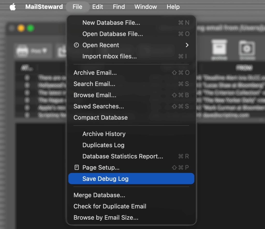 Mailsteward > File menu > Save Debug Log