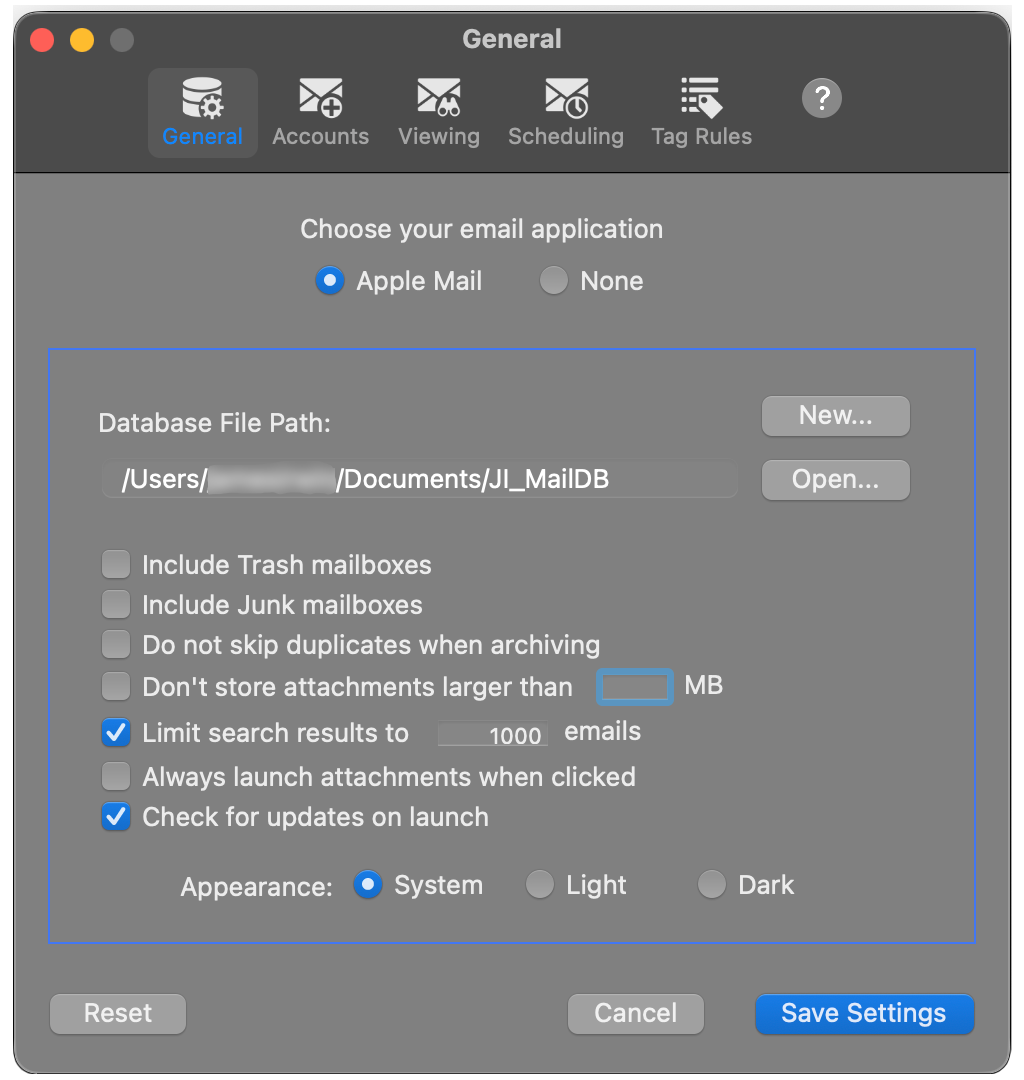 MailSteward > Settings Panel