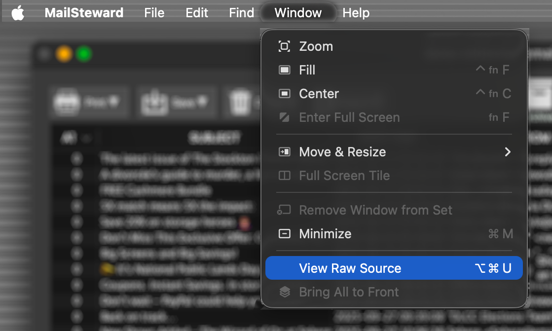 MailSteward Menu > View Raw Source