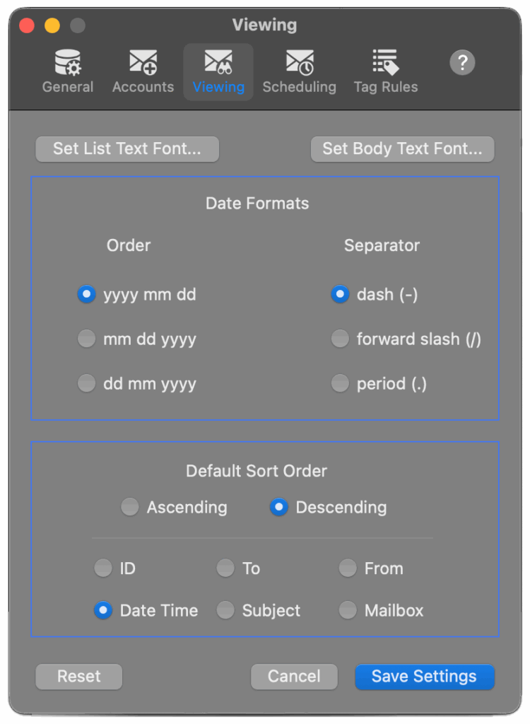MailSteward > Settings > Viewing panel